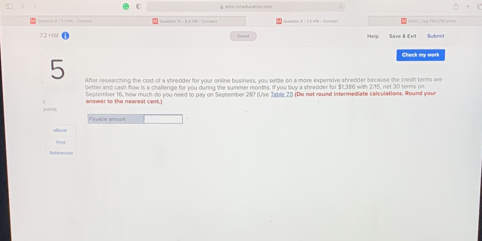 < G ezto.mheducation.com C + M Question 8 - 7.1