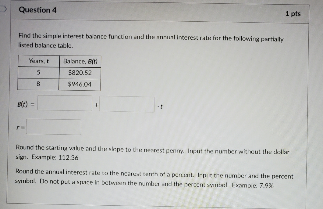 Find the simple interest balance function and the