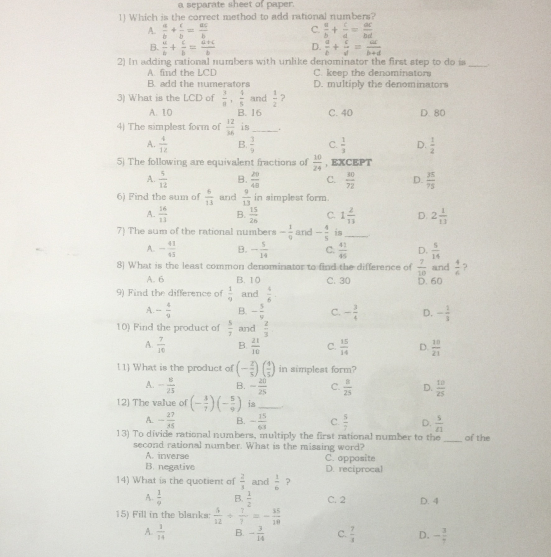 a separate sheet of paper. 1) Which is the