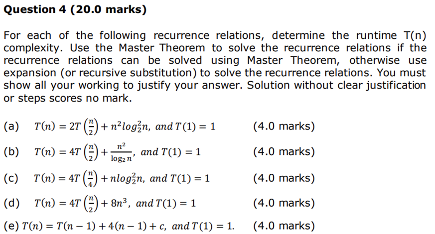 Question 4 (20.0 marks) For each of the following