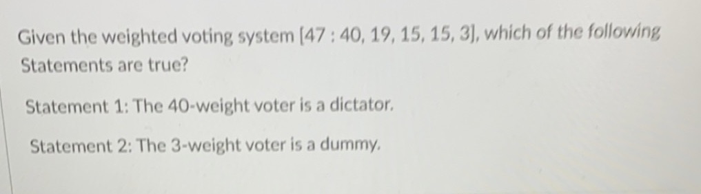 Given the weighted voting system [47 : 40, 19,