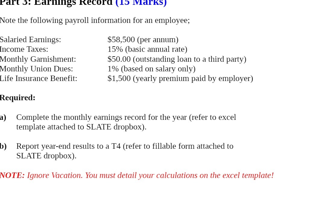 Part 5: Earnings Record (15 Marks) Note the