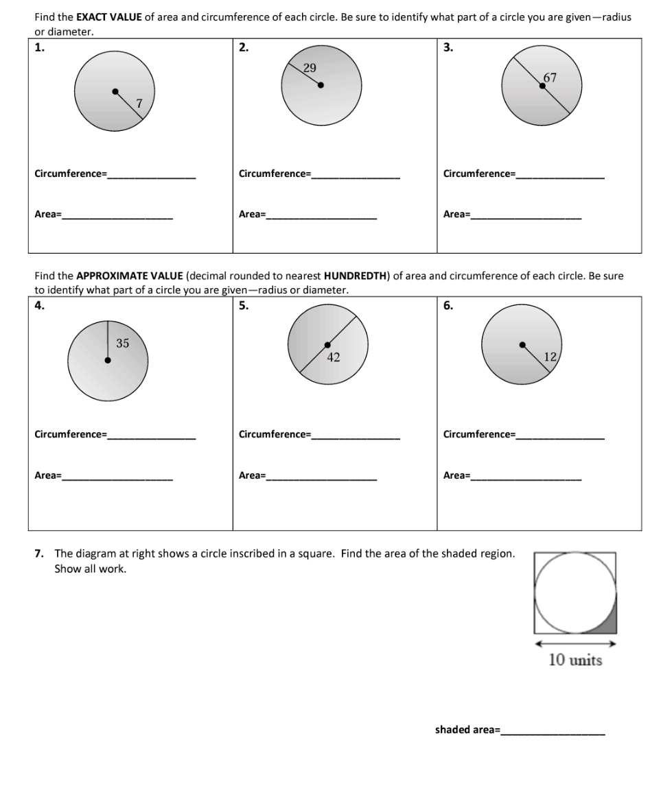 find the exact value of area and circumference