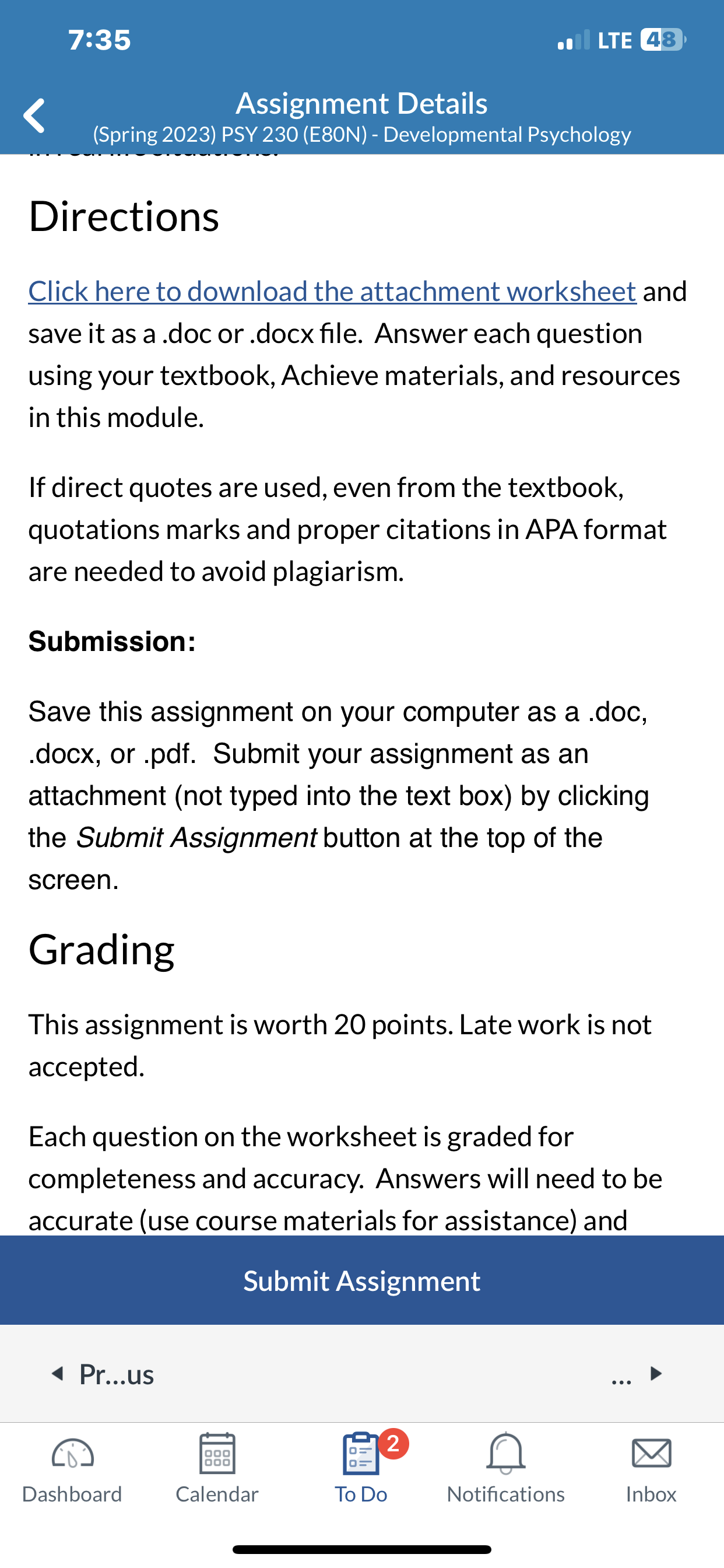 7:35 .. LTE 0 < Assignment Details (Spring 2023)