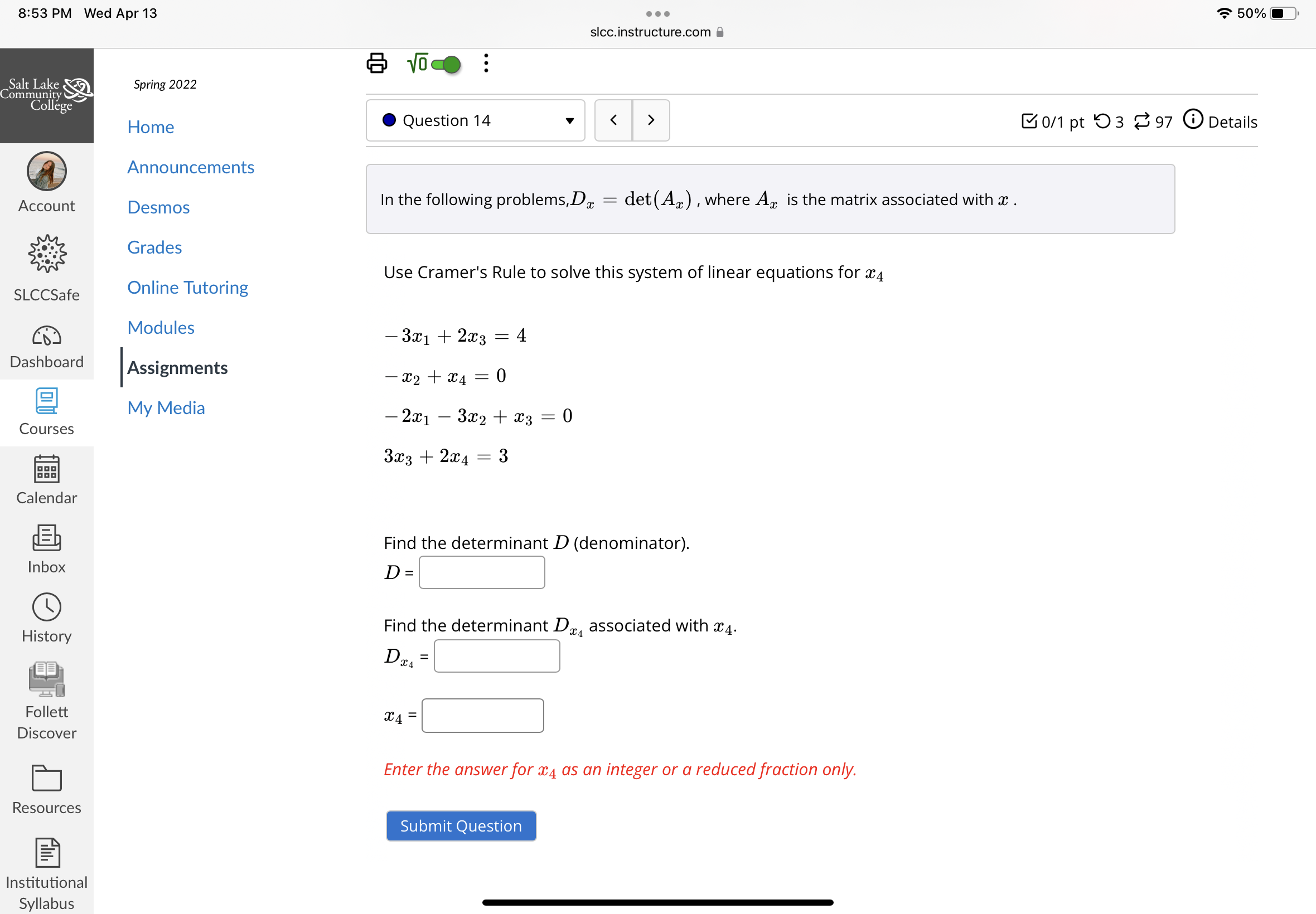 8:53 PM Wed Apr 13 . . . 50% sicc.instructure.com