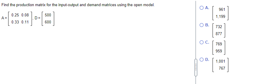 Find the production matrix for the input-output