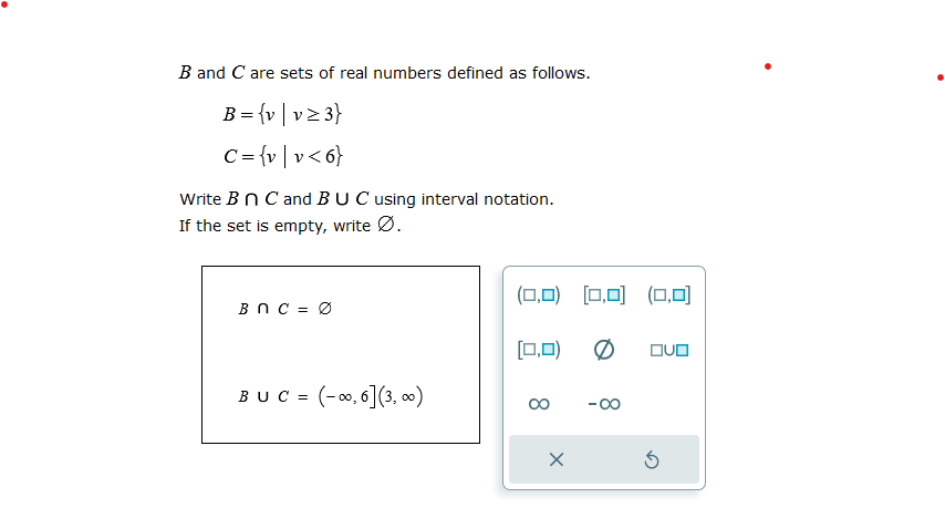 B and C are sets of real numbers defined as