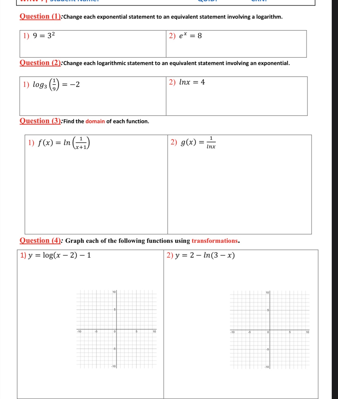 Question (1): Change each exponential statement