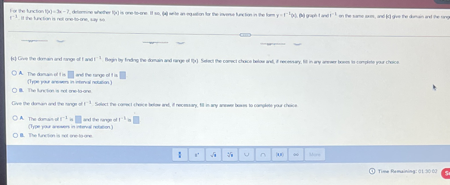 For the function f(x) =3x -7, determine whether