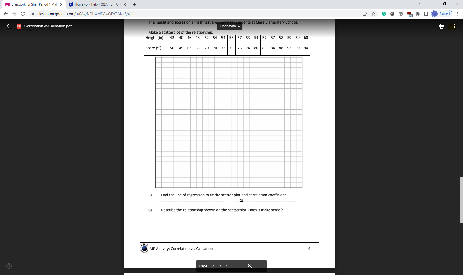Classwork for Shen Period 1 Mati X * Homework