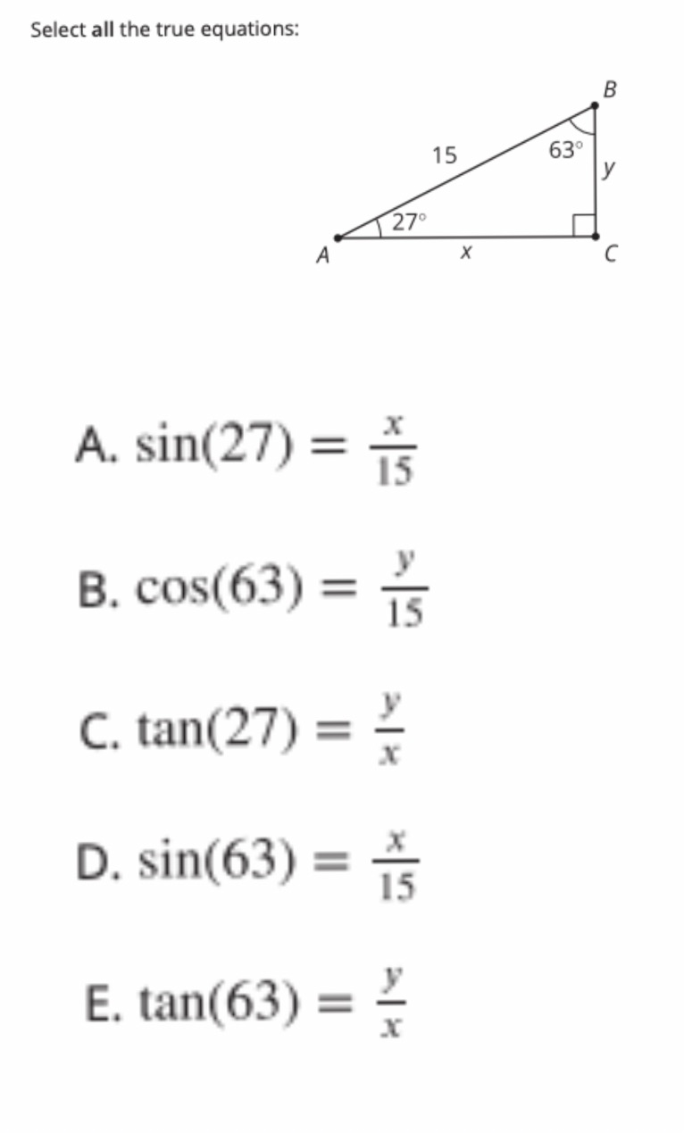 Select all the true equations: B 15 630 y 270 A X