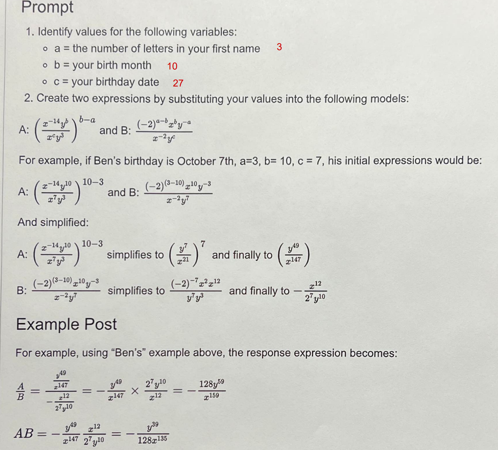 Prompt 1. Identify values for the following
