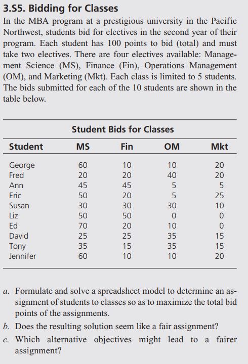 3.55. Bidding for Classes In the MBA program at a