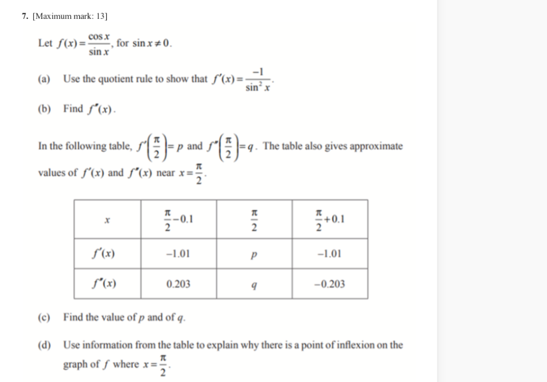 7. [Maximum mark: 13] Let f(x) = - COS X for sin