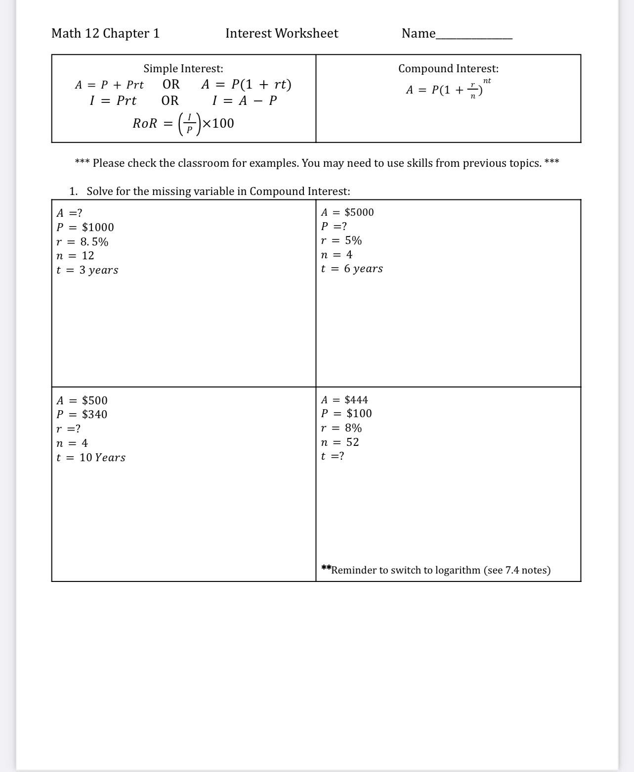 Math 12 Chapter 1 Interest Worksheet Name Simple