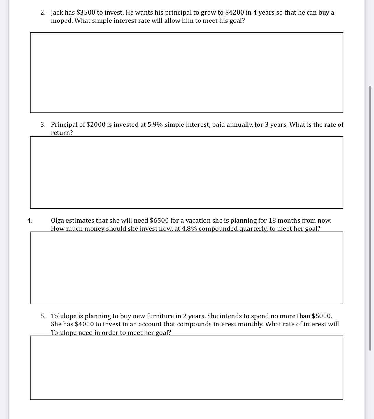 Math 12 Chapter 1 Interest Worksheet Name Simple