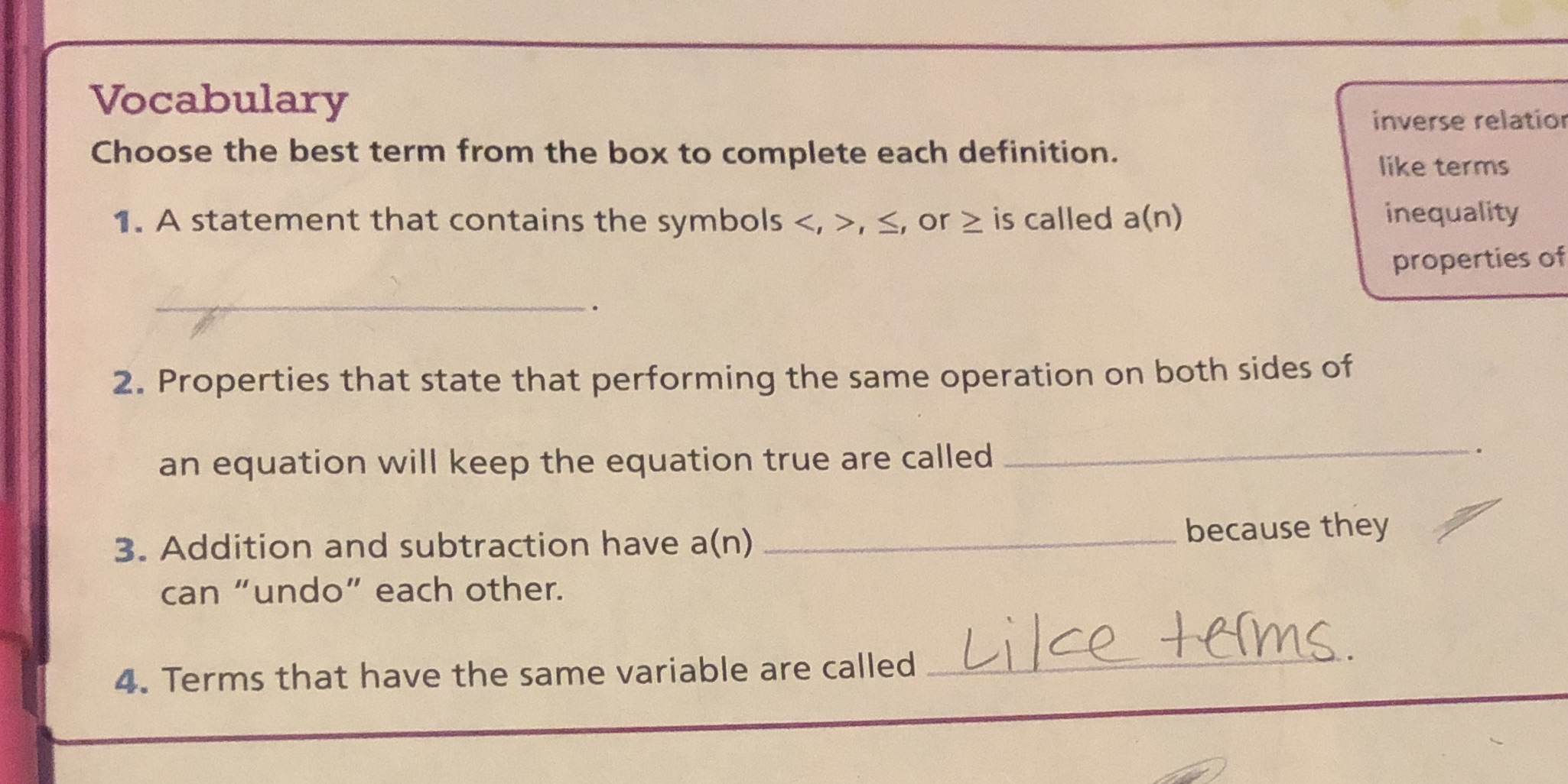 Vocabulary inverse relation Choose the best term