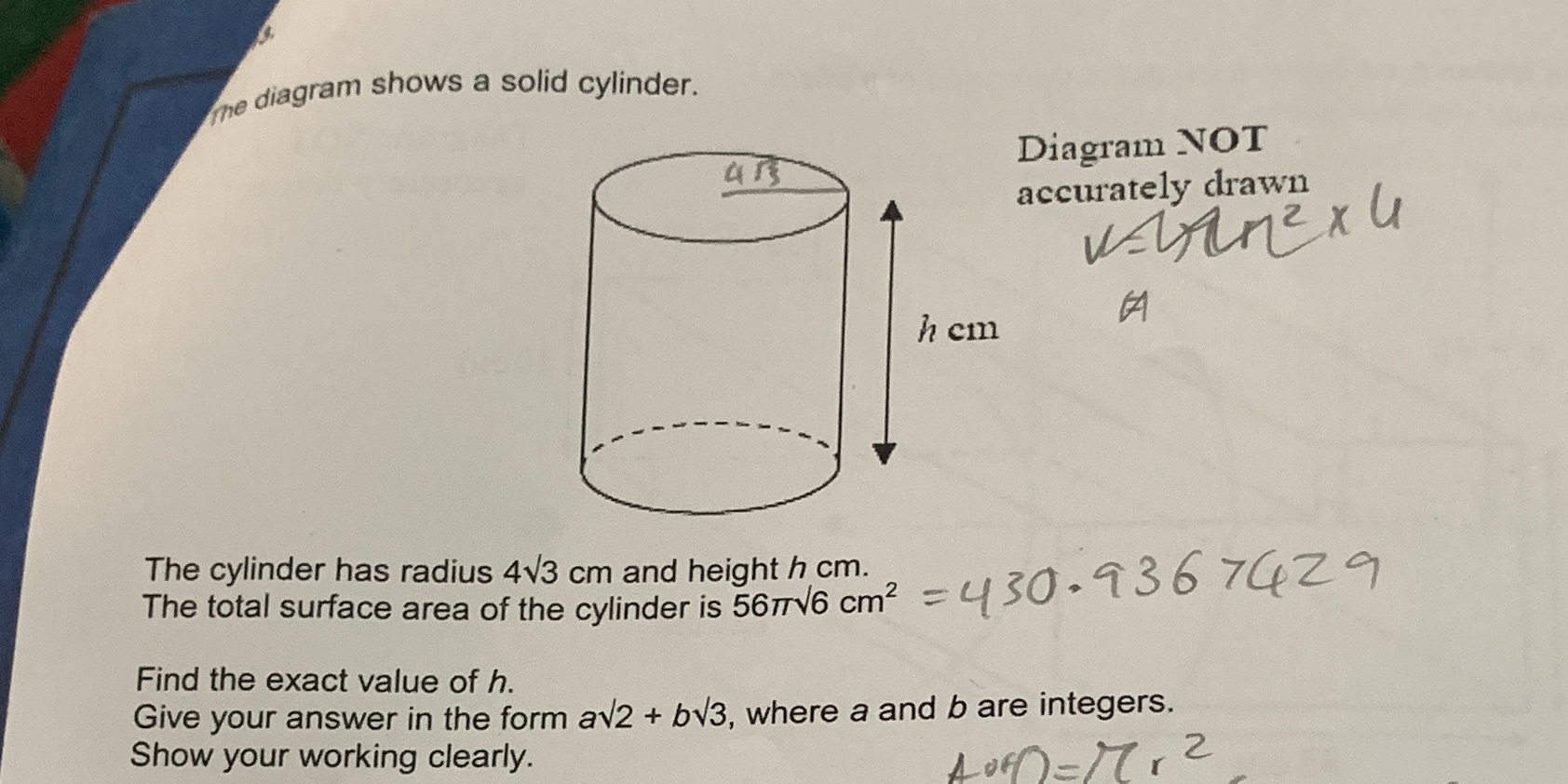 help please me diagram shows a solid cylinder.