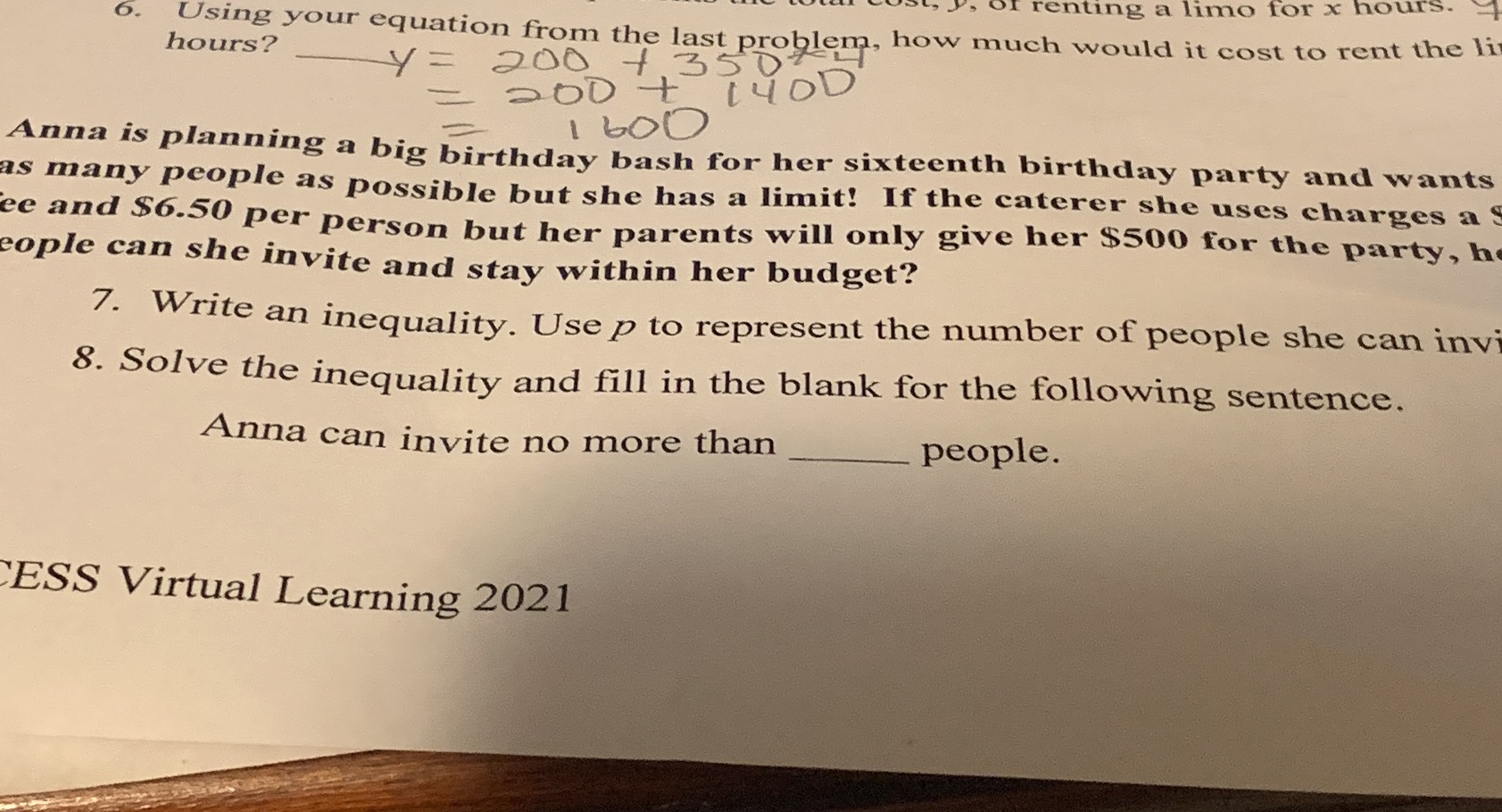Write an equality Solve the inequality and fill