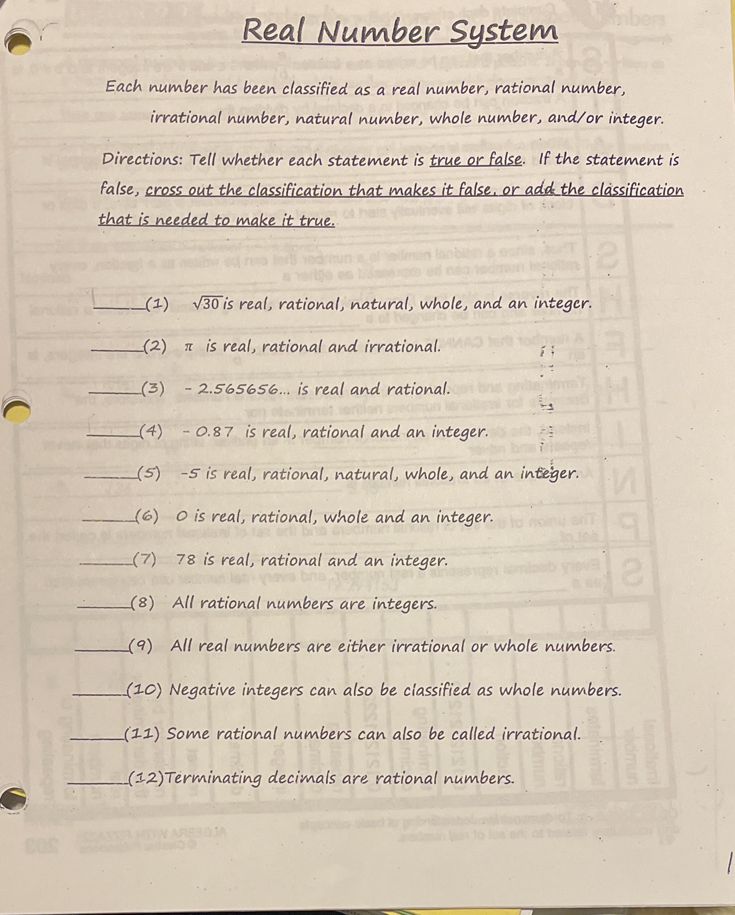 Answers please Real Number System Each number has