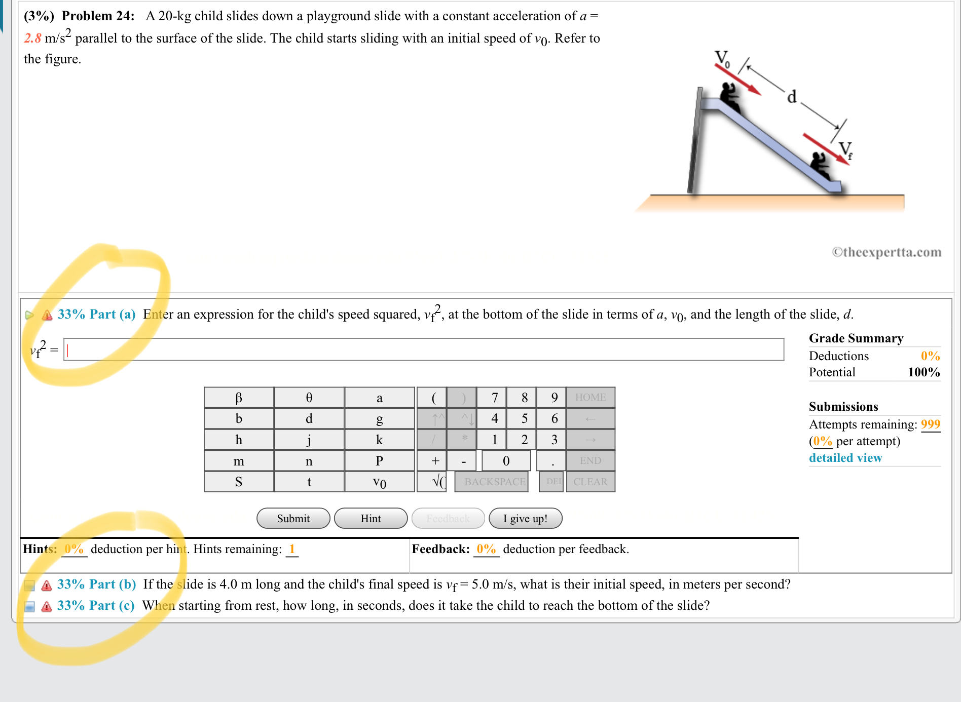 (3%) Problem 24: A 20-kg child slides down a