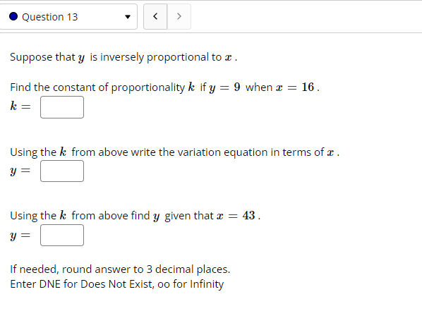 Question 13 < Suppose that y is inversely
