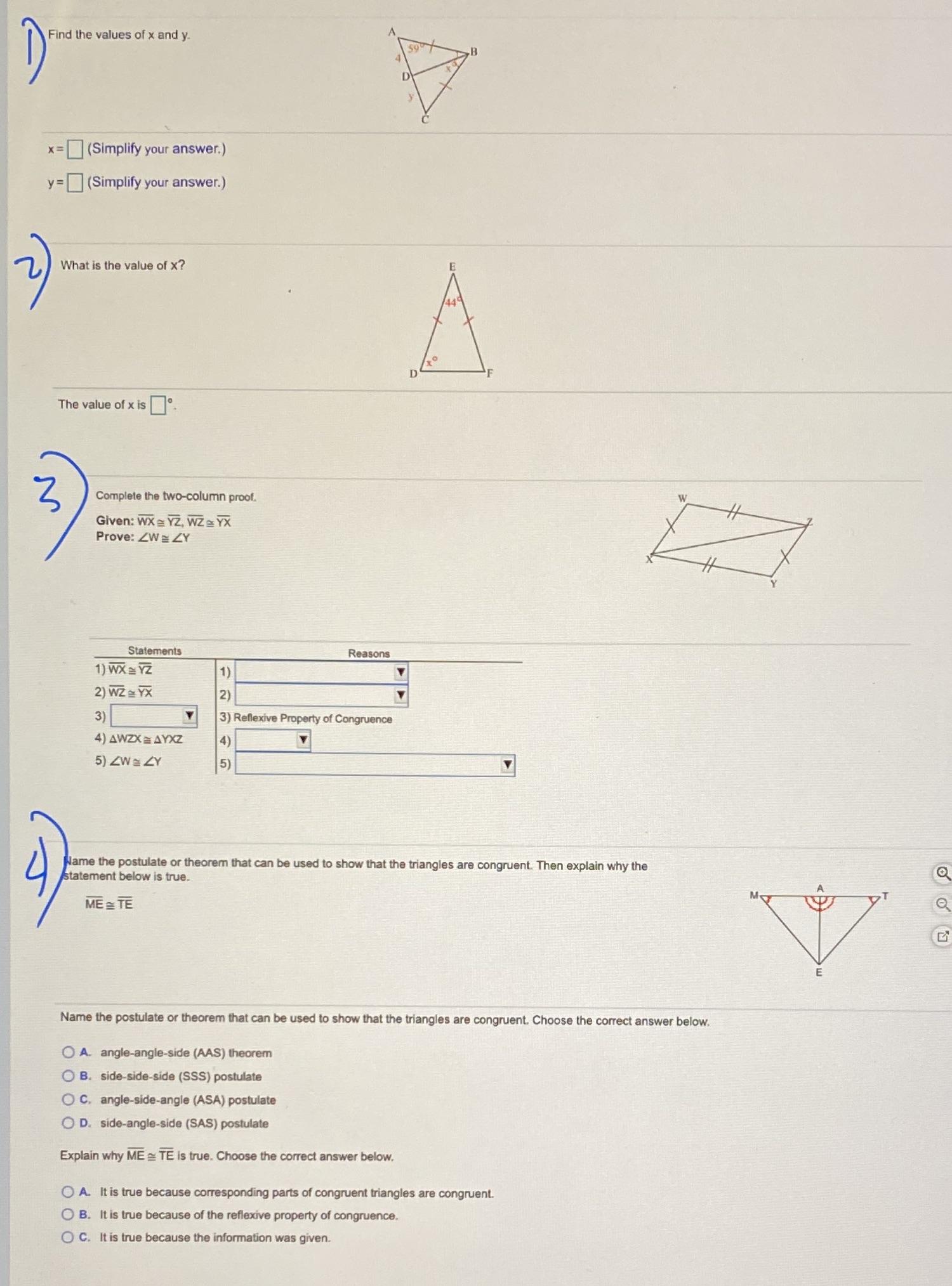Find the values of x and y. x =(Simplify your