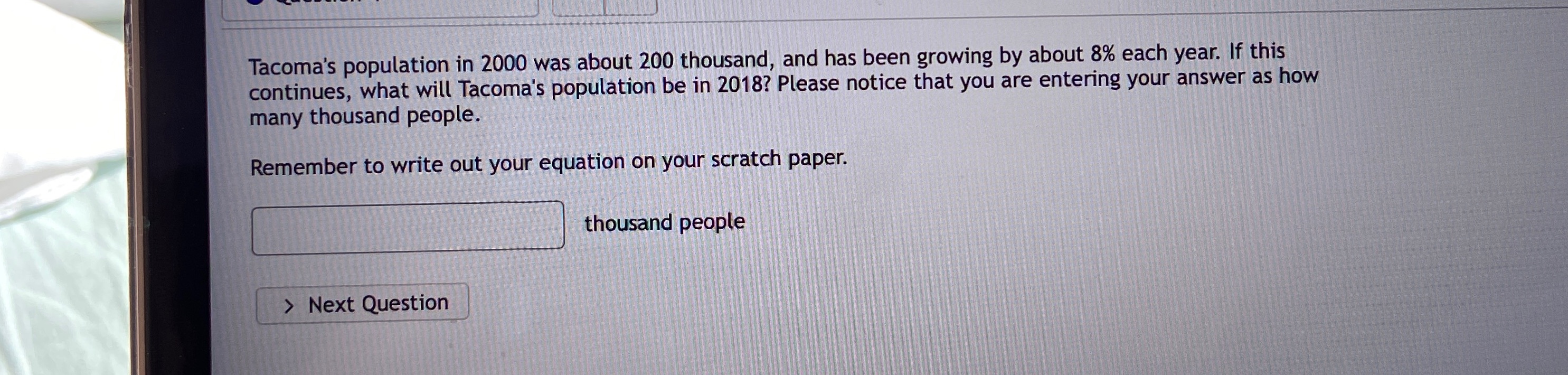 ______ thousand people Tacoma's population