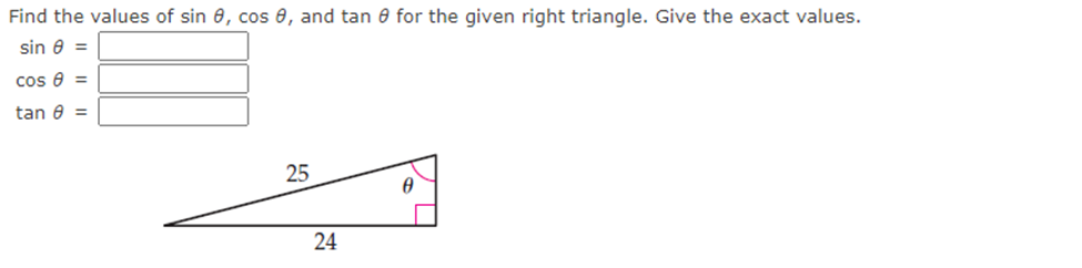 Find the values of sin 9, cos 9, and tan 6 for