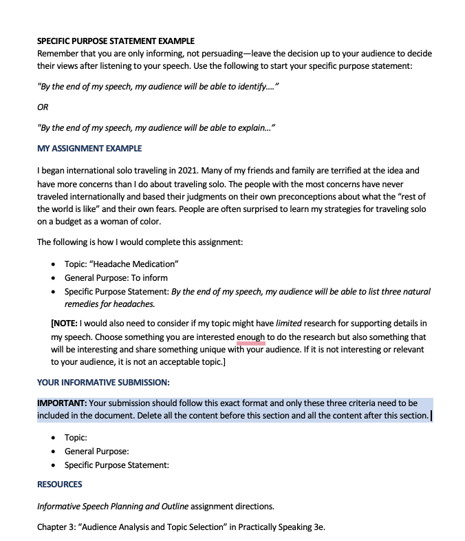 INFORMATIVE SPEECH AND SPECIFIC PURPOSE