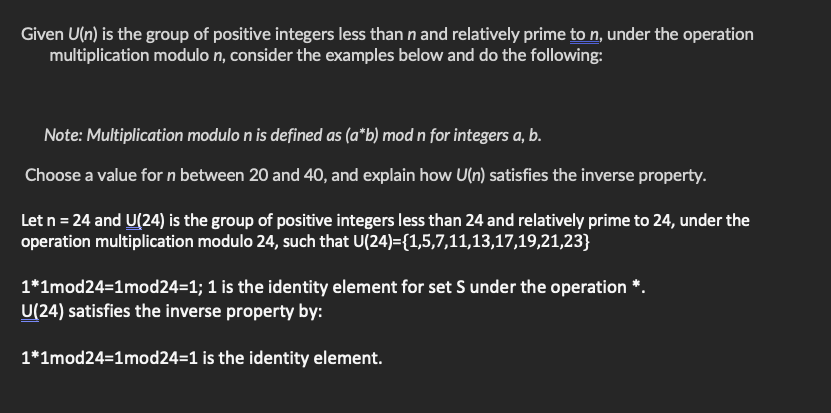 Given U(n) is the group of positive integers less