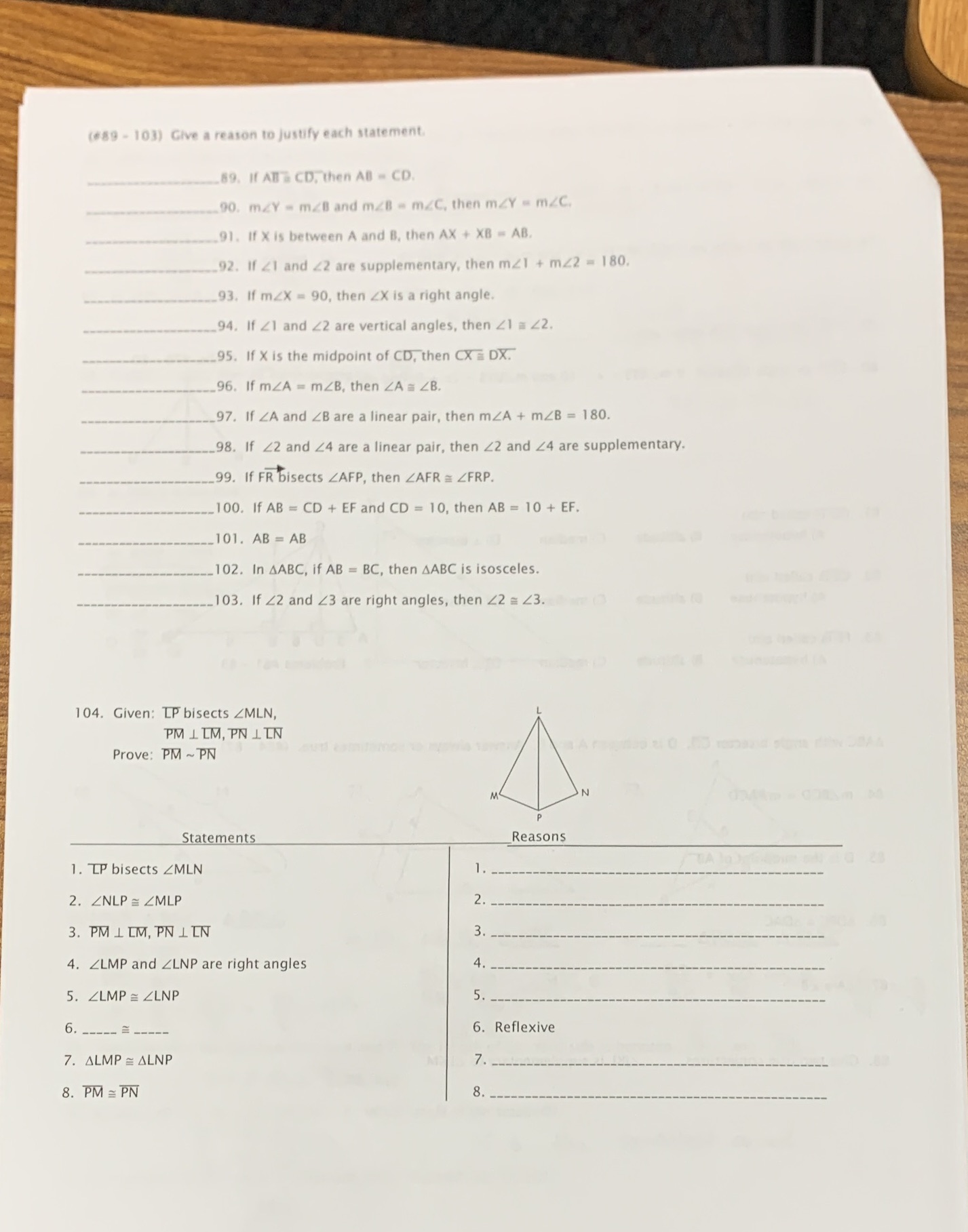 (#89 - 103) Give a reason to justify each