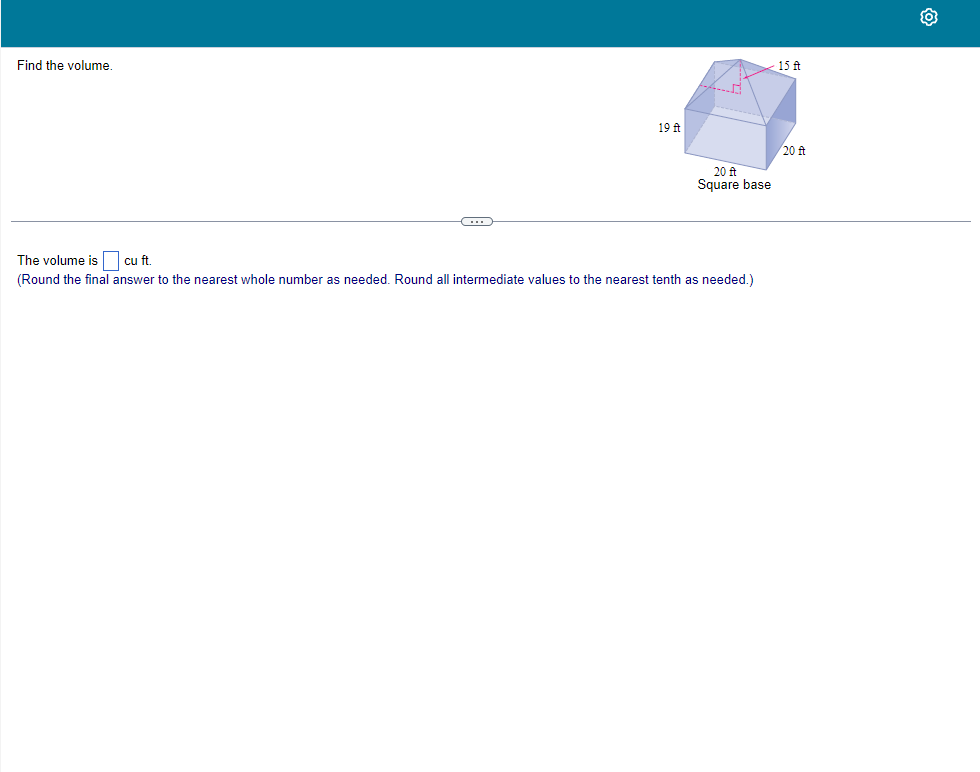 15 it Find the volume. 19 At 20 ft 20 f Square