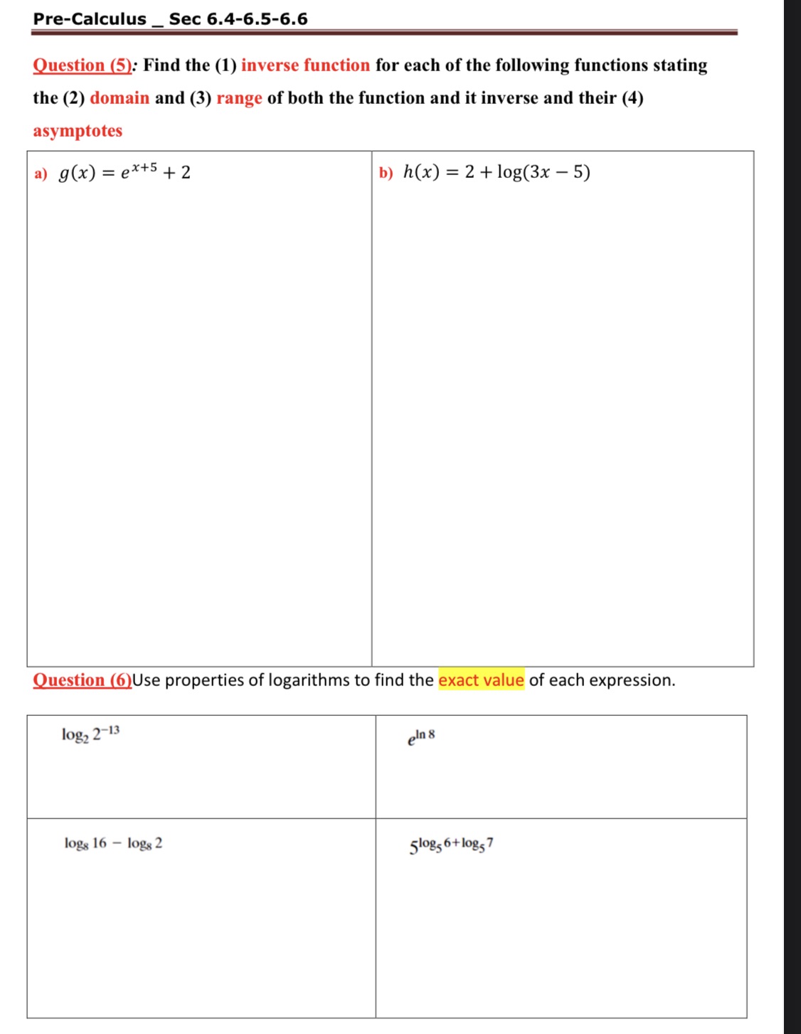 Pre-Calculus _ Sec 6.4-6.5-6.6 Question (5): Find