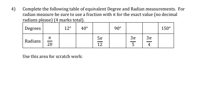 4) Complete the following table of equivalent