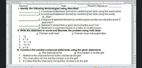 Teacher Dale Parent's Signature I. Identify