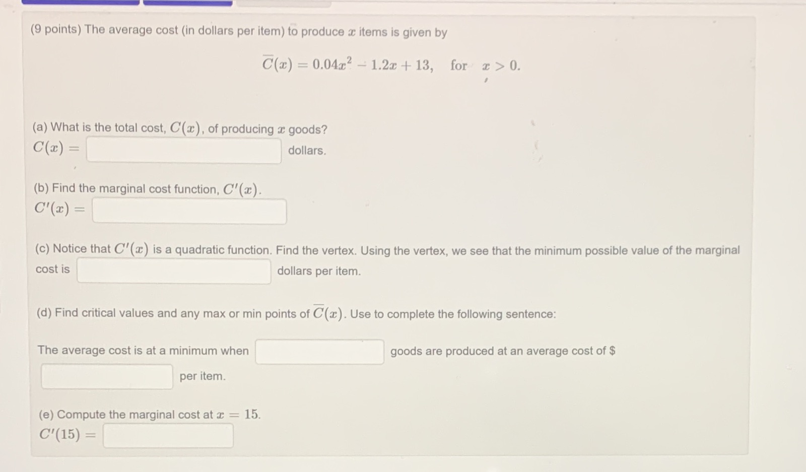 (9 points) The average cost (in dollars per item)