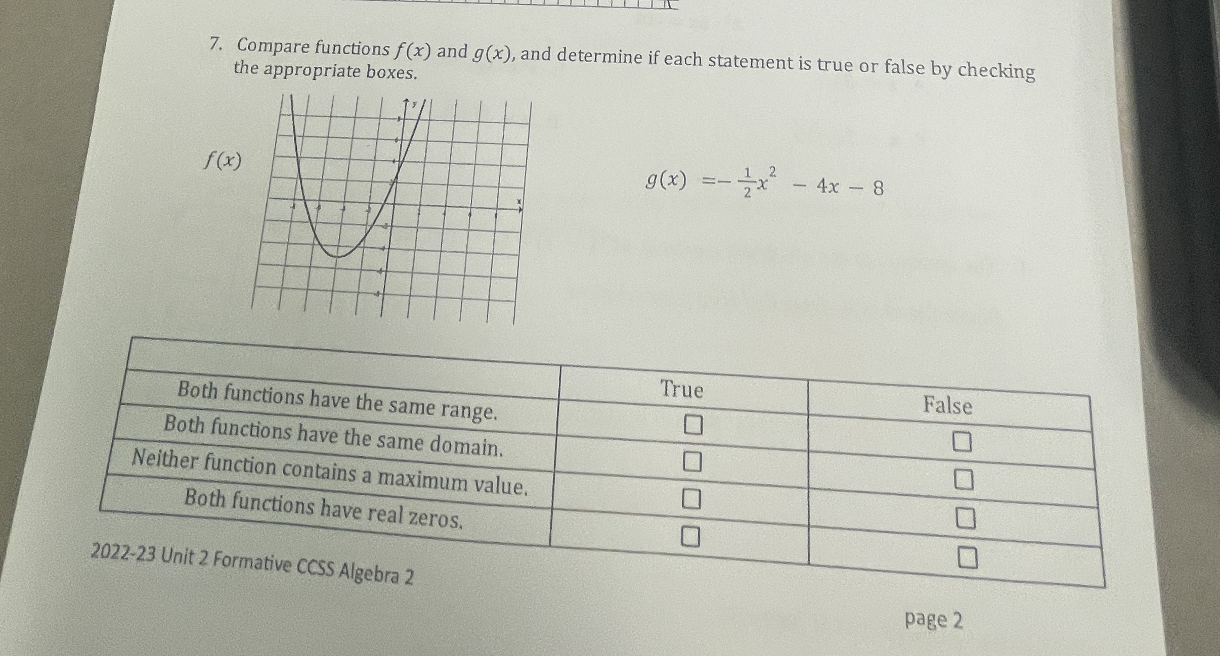 7. Compare functions f(x) and g(x), and determine