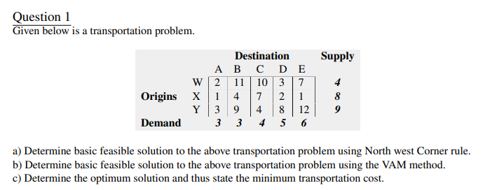 Question 1 Given below is a transportation