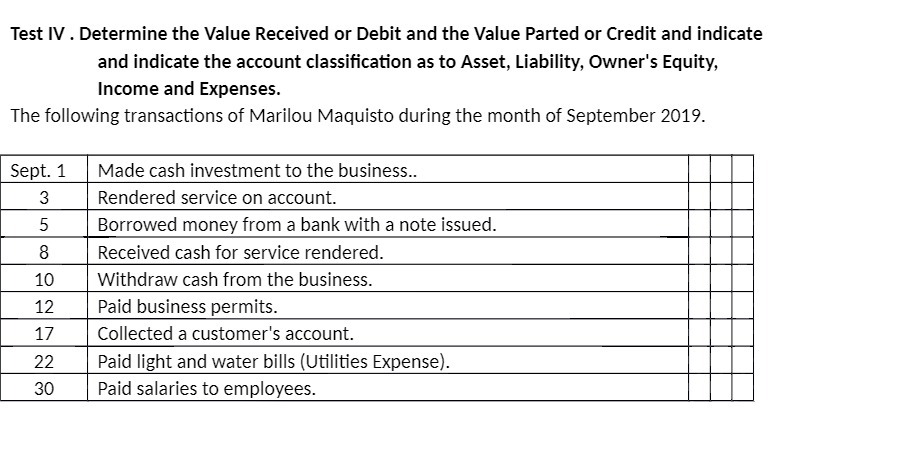Test IV . Determine the Value Received or Debit