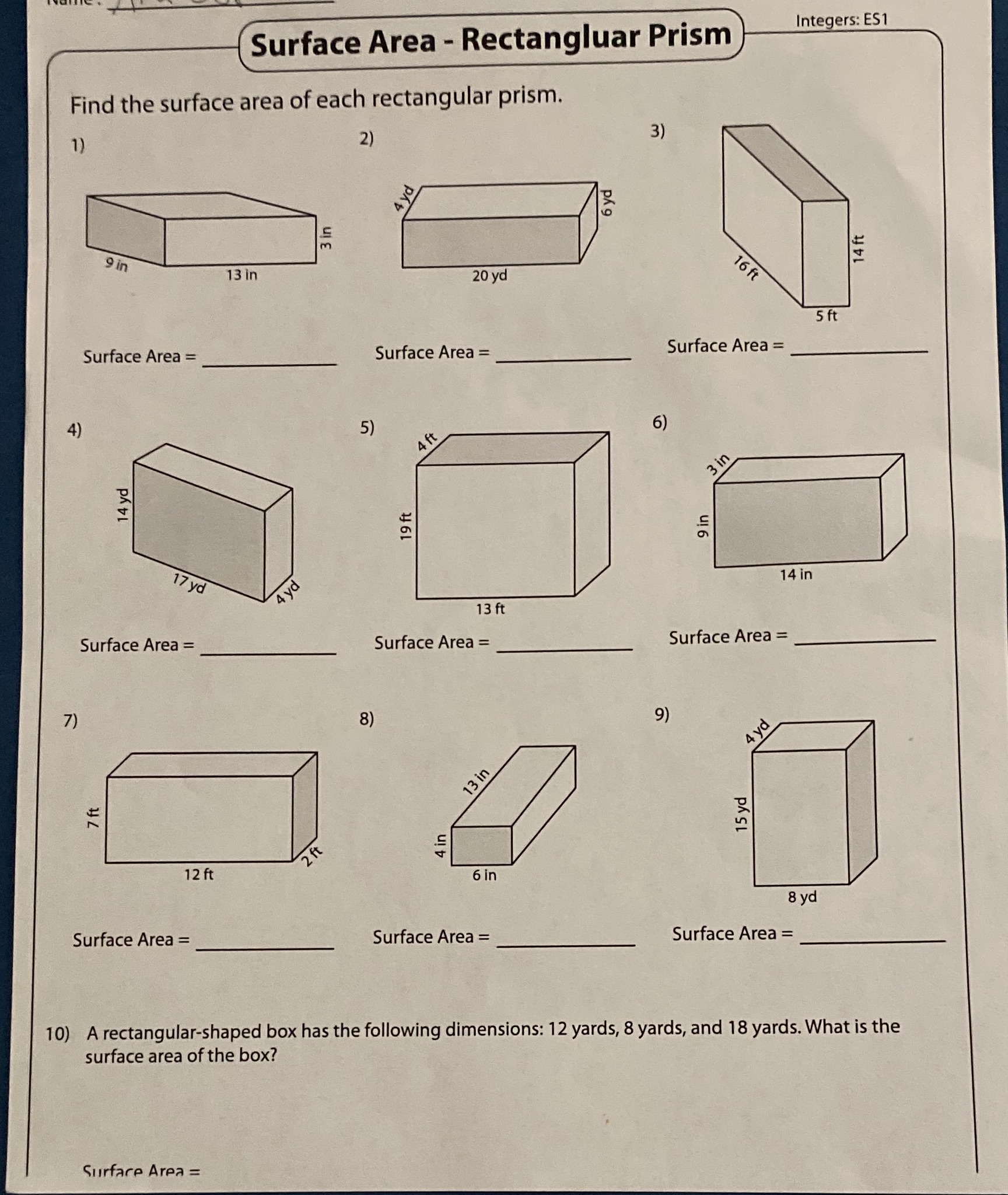 Surface Area - Rectanglear Prism Integers: ES1
