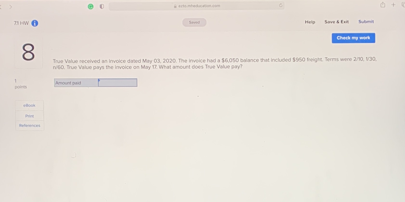 G ezto.mheducation.com + 7.1 HW i Saved Help Save