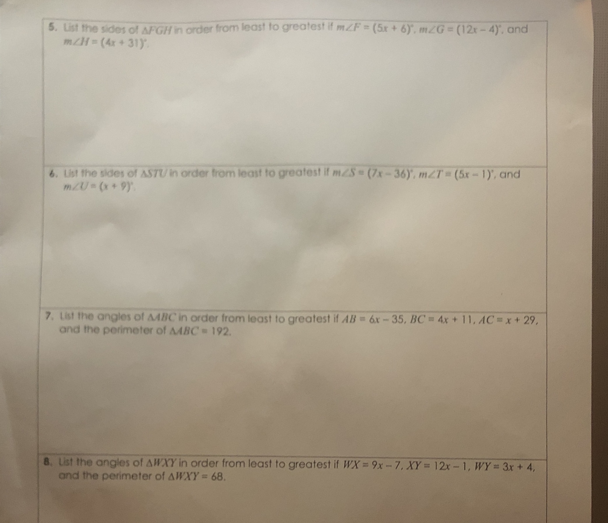 5. List the sides of AFGHin order from least to