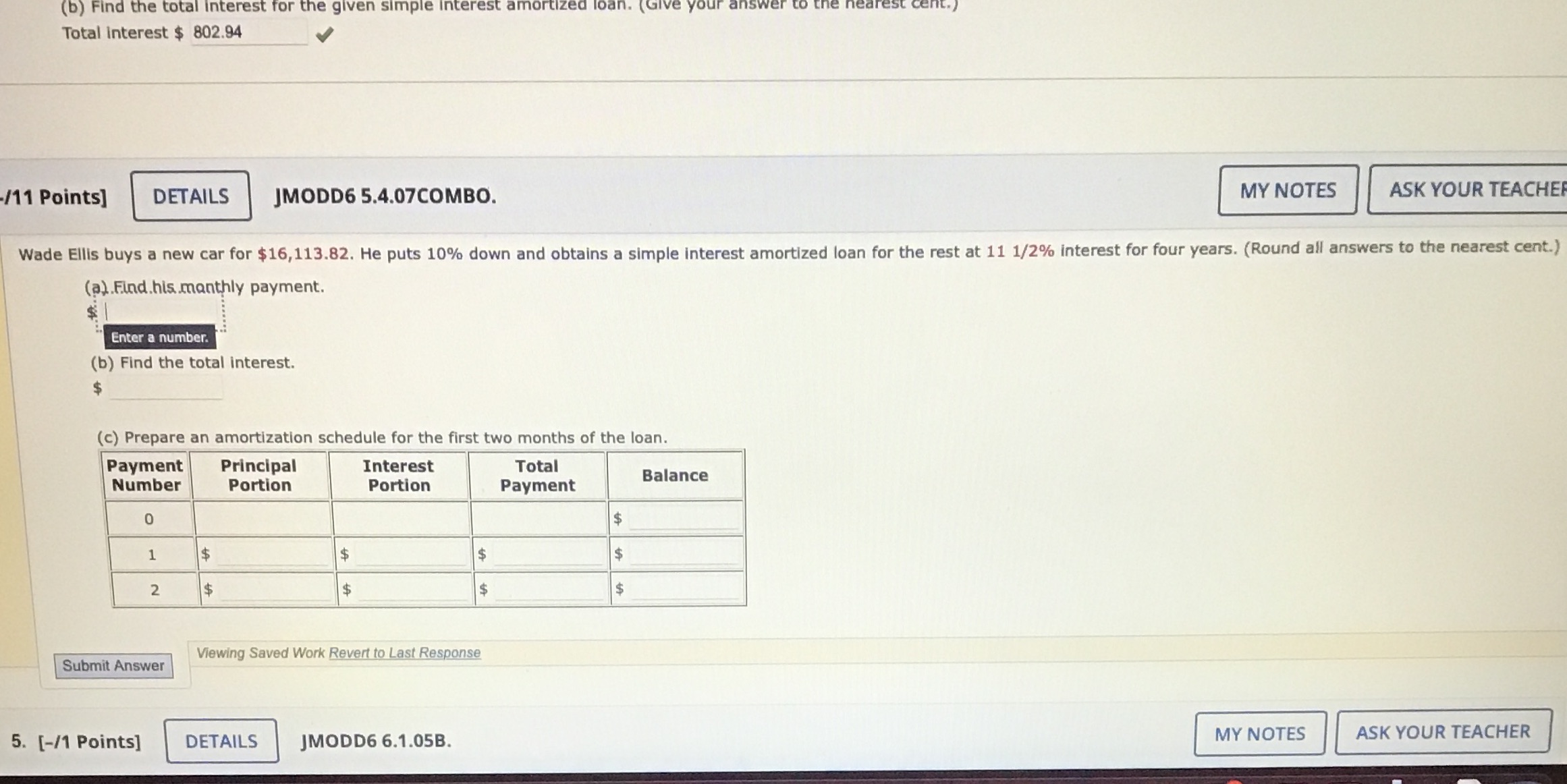 (b) Find the total interest for the given simple