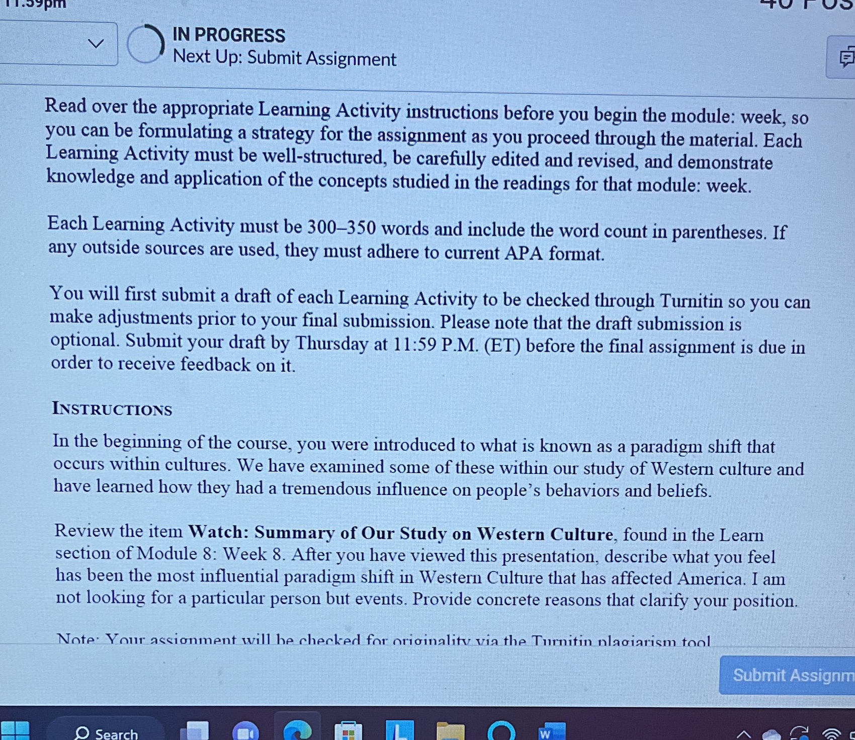 IN PROGRESS Next Up: Submit Assignment Read over