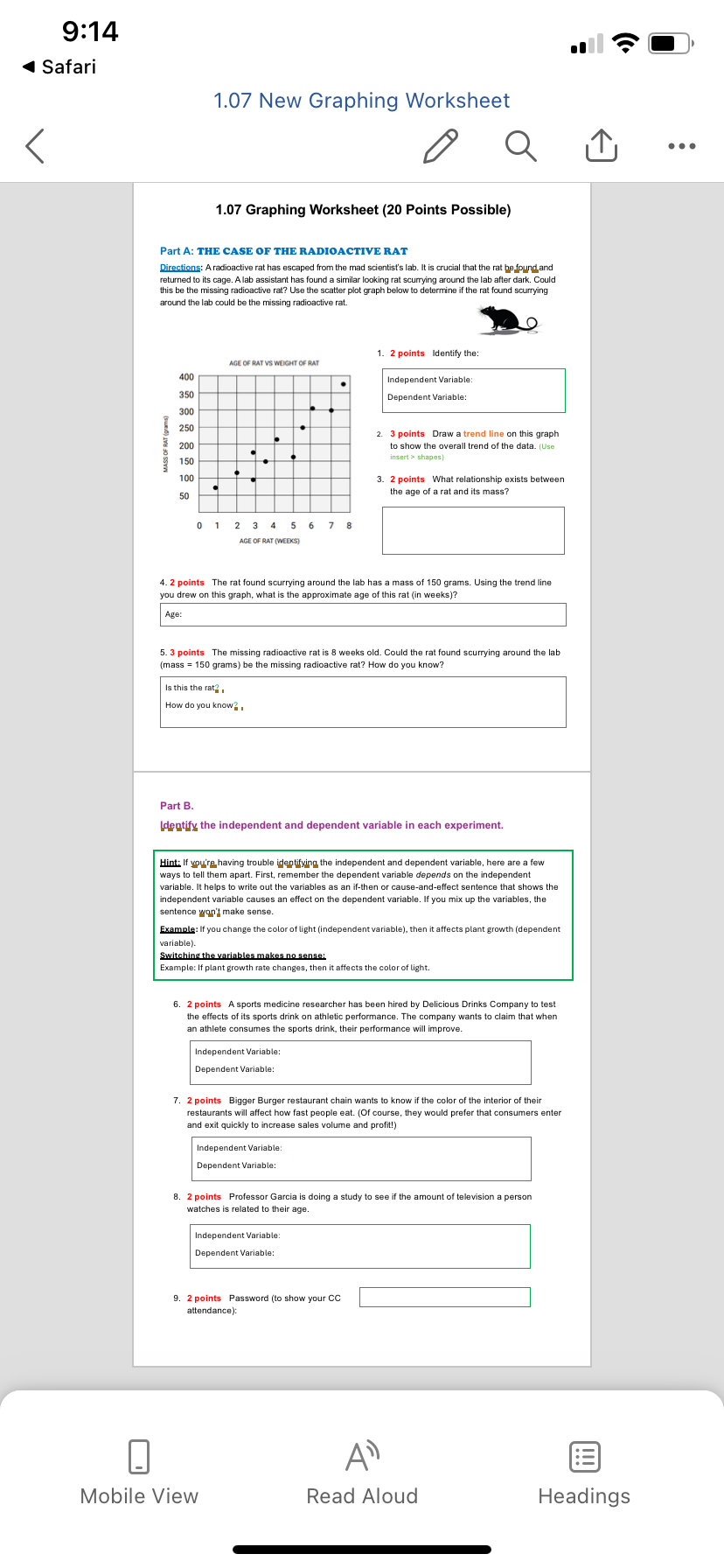 9:14 Safari 1.07 New Graphing Worksheet A Q . . .