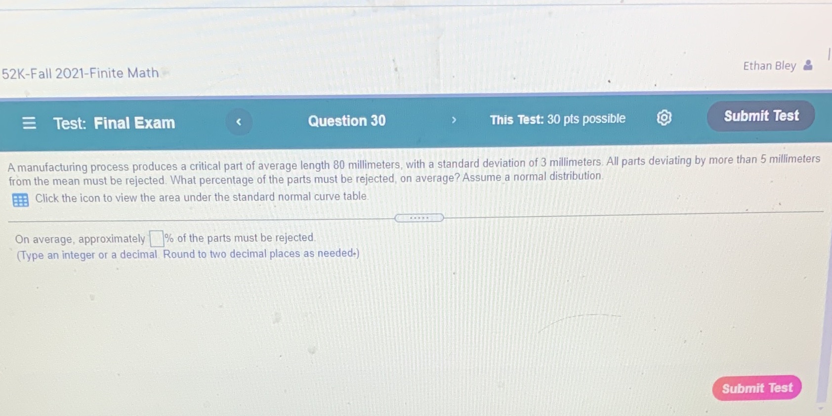 Ethan Bley I 52K-Fall2021lFinite Math '- 2 Test: