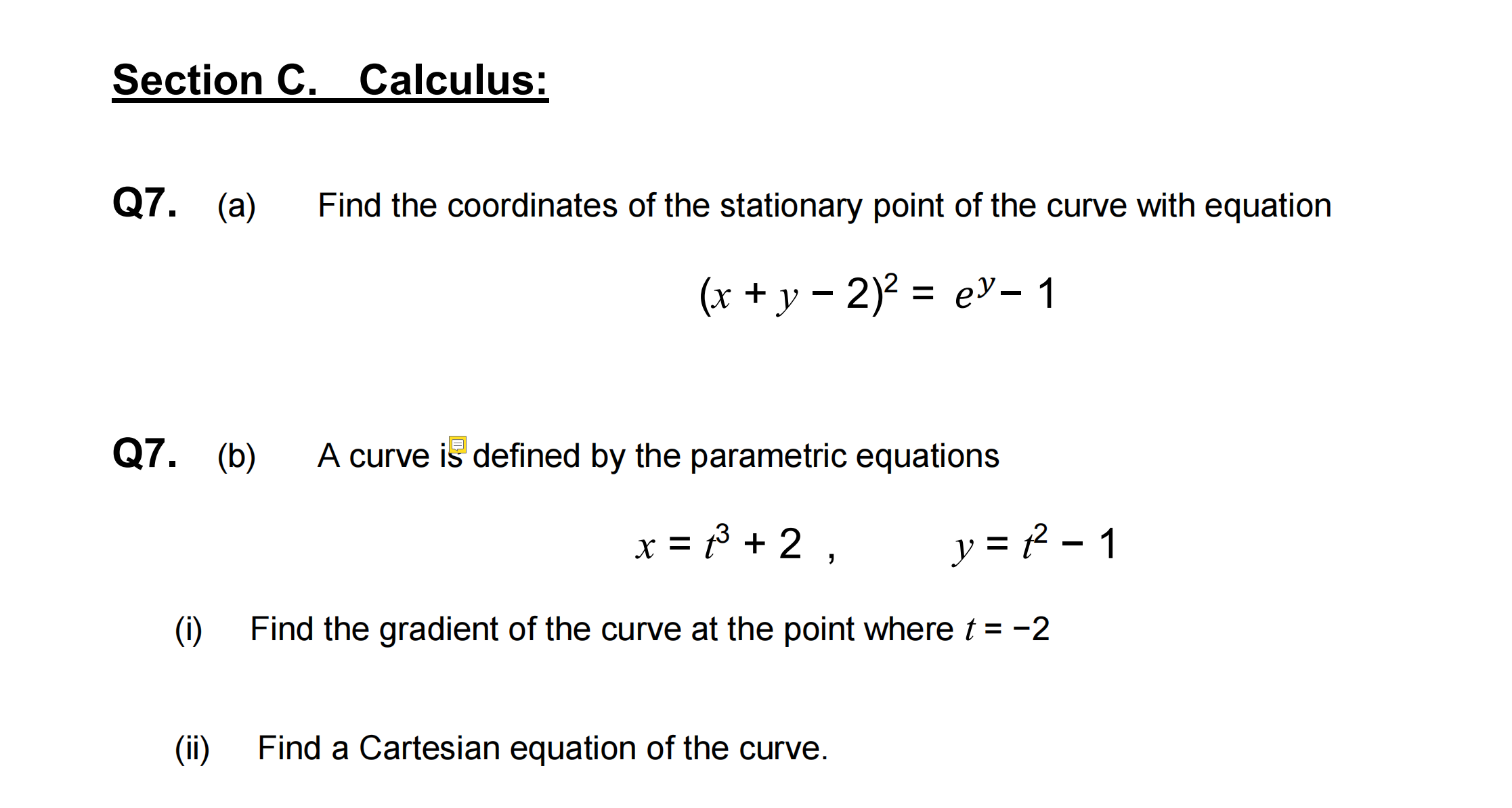 Section C. Calculus: Q7. (a) Find the coordinates