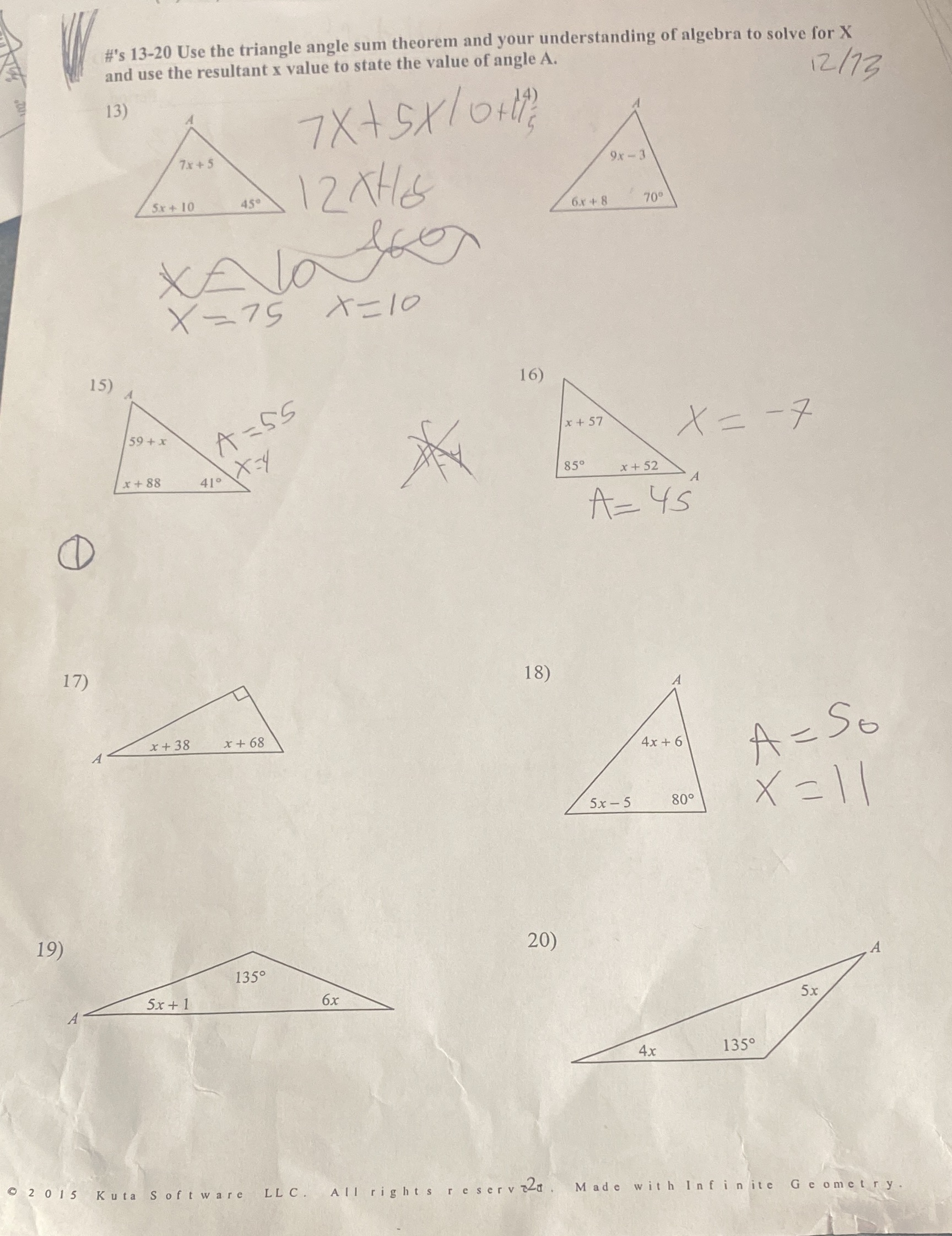 #'s 13-20 Use the triangle angle sum theorem