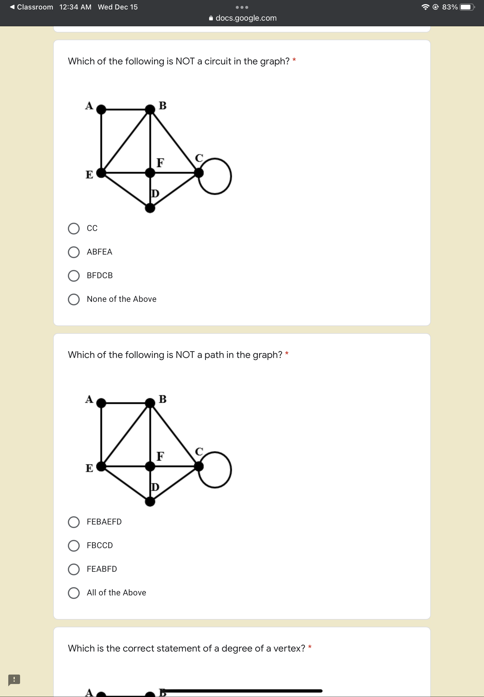 Classroom 12:34 AM Wed Dec 15 . . 83% e